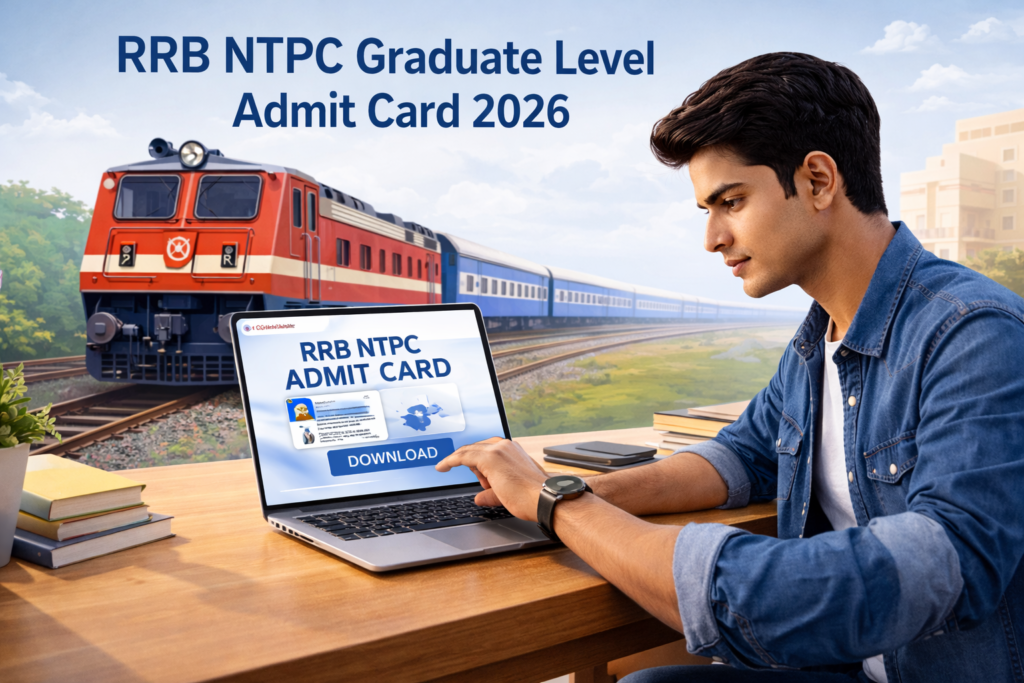 Indian student downloading railway NTPC admit card on laptop for RRB NTPC Graduate Level exam.
