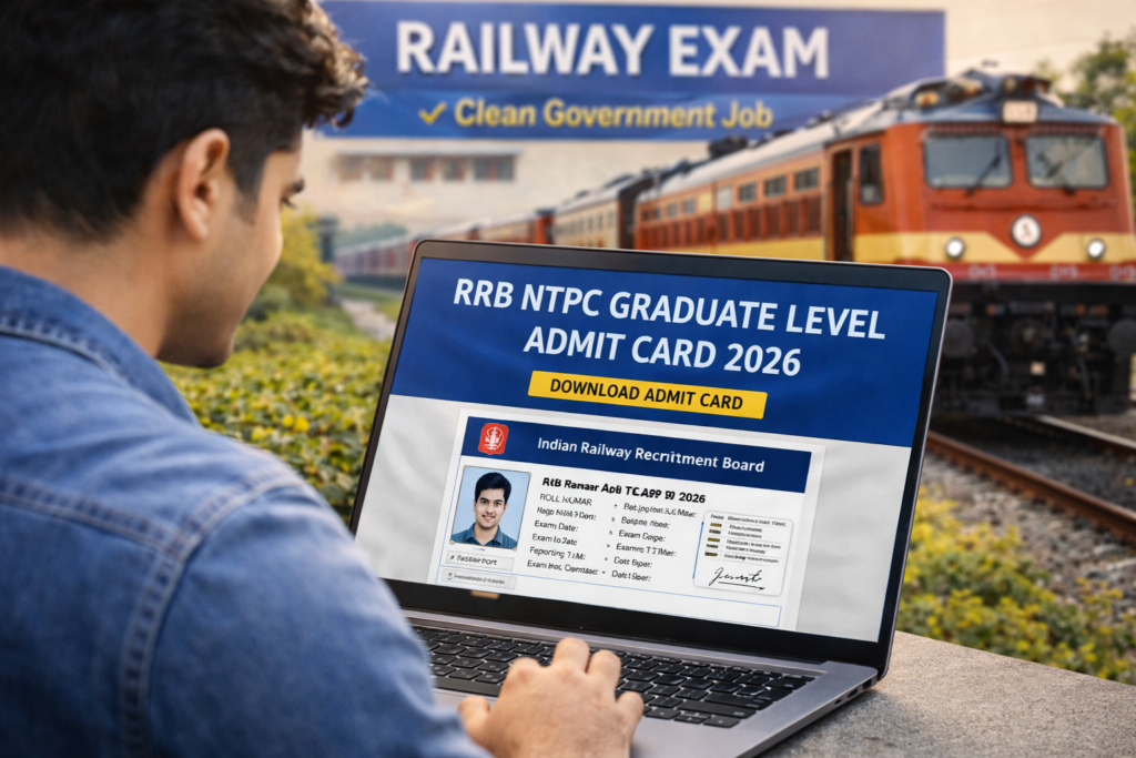 RRB NTPC Graduate Level Admit Card 2026 download concept with Indian student checking railway exam hall ticket online.