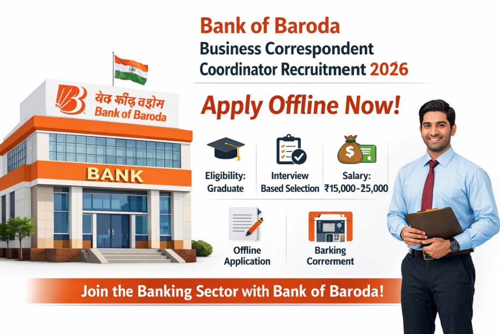 Bank of Baroda Business Correspondent Coordinator Recruitment 2026 job hiring banner with Indian bank building and banking career concept
