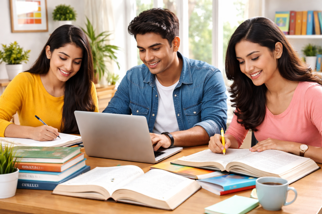 Indian students preparing for government exams with books and laptop on study desk competitive exam preparation concept
