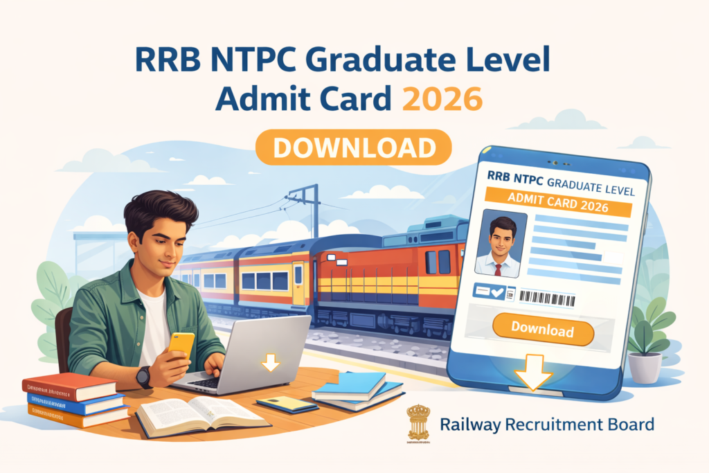 RRB NTPC Graduate Level Admit Card 2026 download process railway exam hall ticket concept with student using laptop and train background