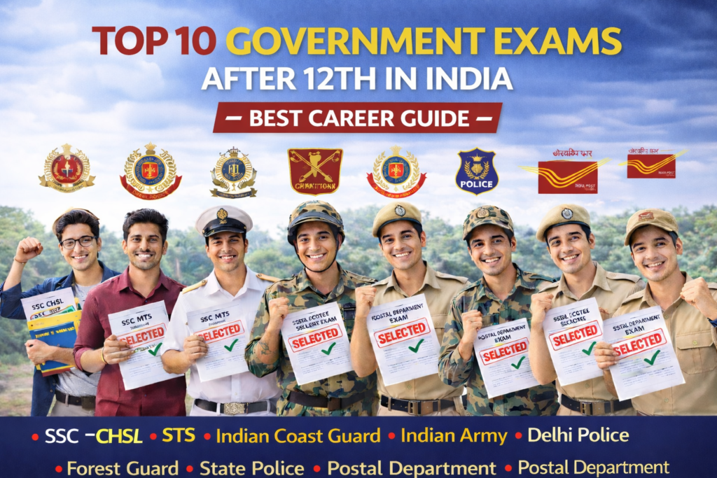 Top 10 government exams after 12th in India including SSC CHSL, SSC MTS, Indian Army, Coast Guard, Police and Postal Department jobs