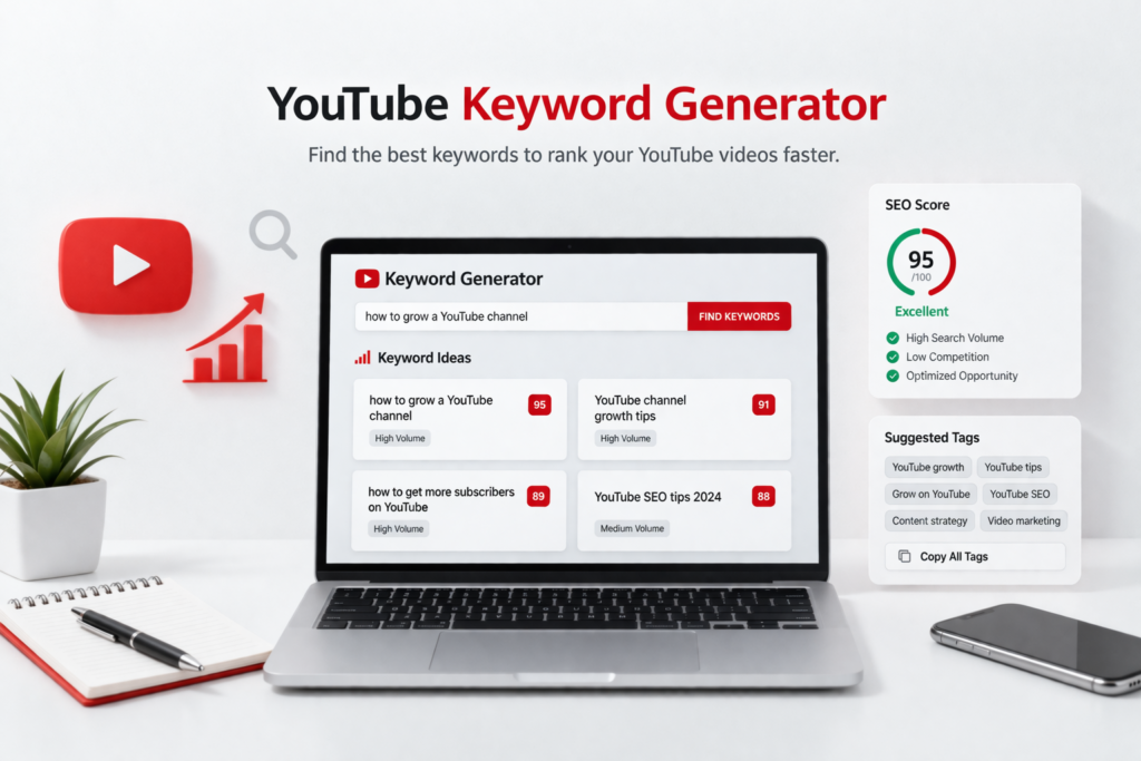 Best YouTube Keyword Generator Guide for 2026 1 YouTube Keyword Generator dashboard on laptop screen