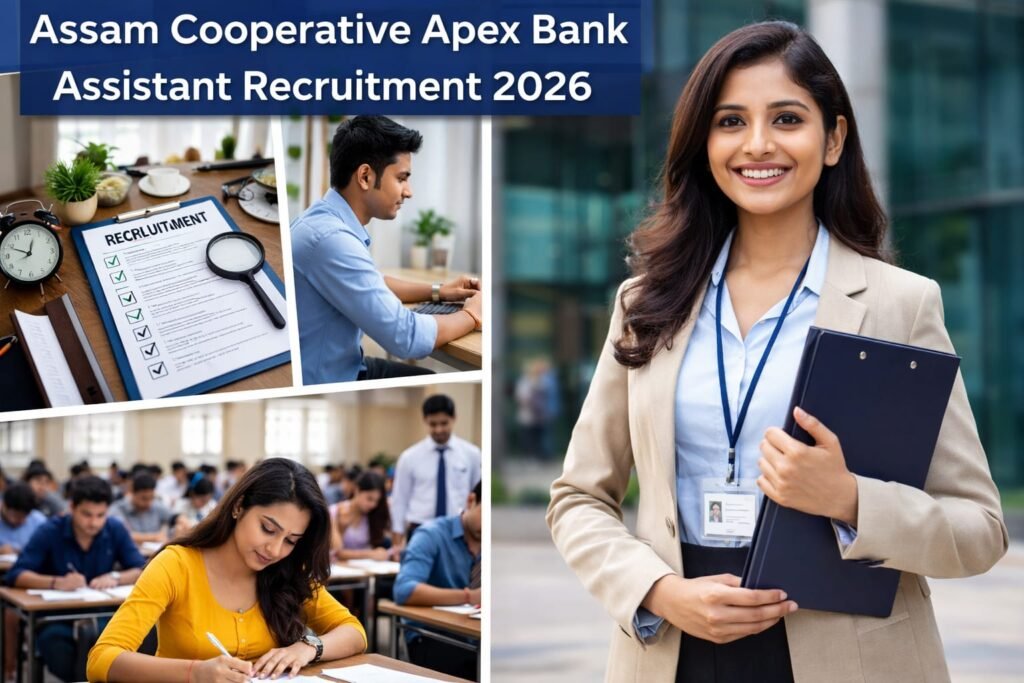 Recruitment checklist, online job application, exam hall candidates writing test, and selected candidate holding documents