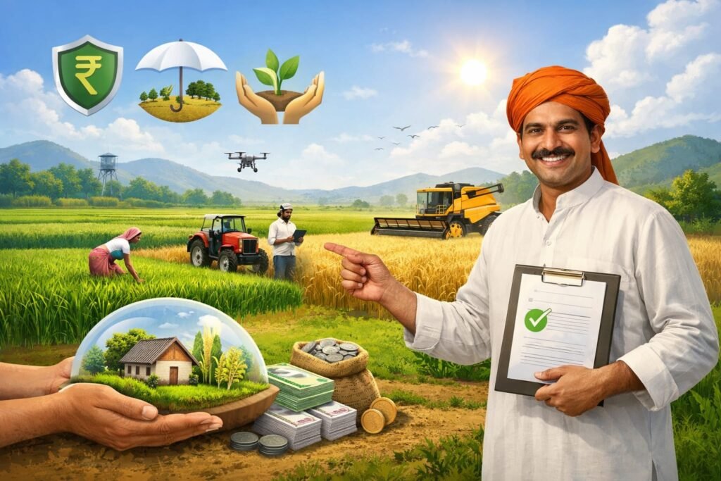 Farmer holding insurance document in agricultural field under Pradhan Mantri Fasal Bima Yojana with crops, tractor, drone, and financial protection symbols