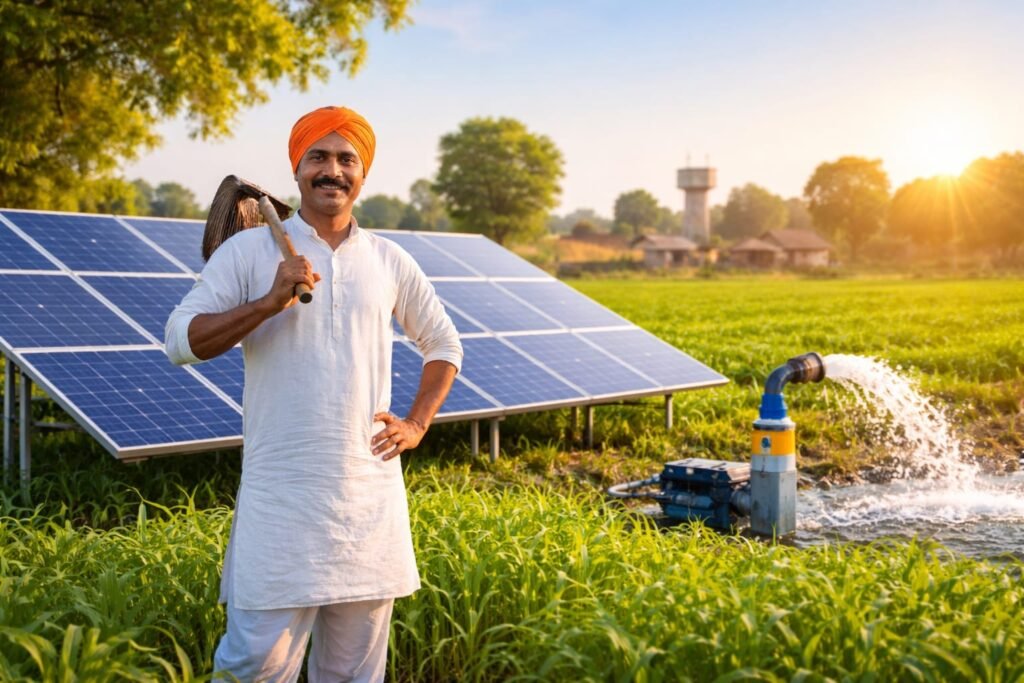 Indian farmer standing in green field with solar panels and solar water pump system during sunrise in rural India