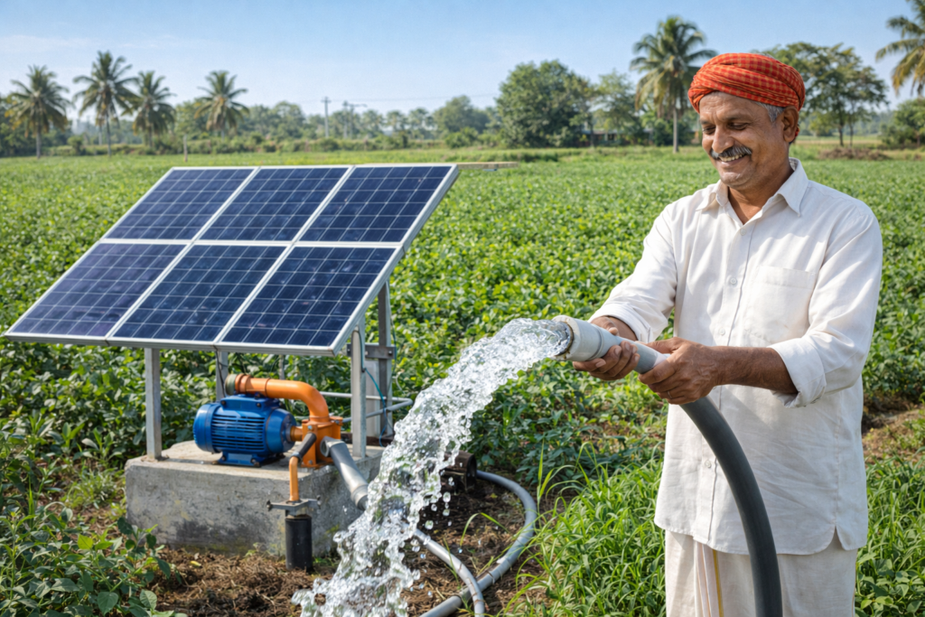 ಸೌರ ಪಂಪ್ ಬಳಸಿ ಹಸಿರು ಕೃಷಿ ಜಮೀನಿಗೆ ನೀರಾವರಿ ಮಾಡುತ್ತಿರುವ ಭಾರತೀಯ ರೈತ