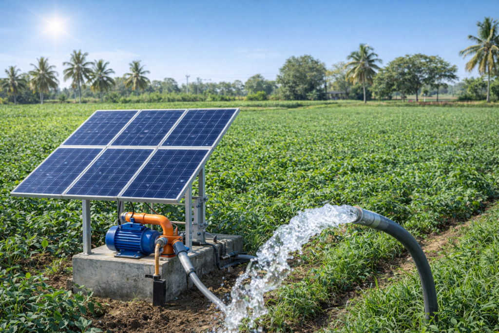 ಸೌರ ನೀರಾವರಿ ವ್ಯವಸ್ಥೆಯೊಂದಿಗೆ ಹಸಿರು ಕೃಷಿ ಜಮೀನು