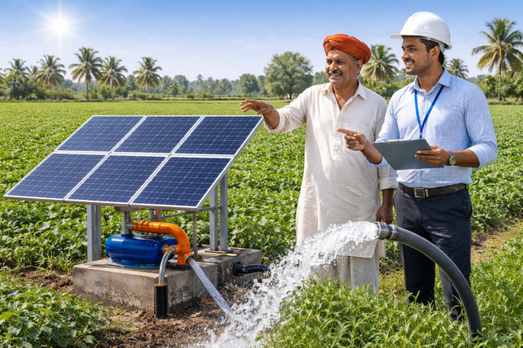 ಕೃಷಿ ಜಮೀನಿನಲ್ಲಿ ಸೌರ ಪ್ಯಾನೆಲ್ ಮತ್ತು ಪಂಪ್ ಅಳವಡಿಕೆಯನ್ನು ಪರಿಶೀಲಿಸುತ್ತಿರುವ ರೈತ ಮತ್ತು ತಾಂತ್ರಿಕ ತಜ್ಞ