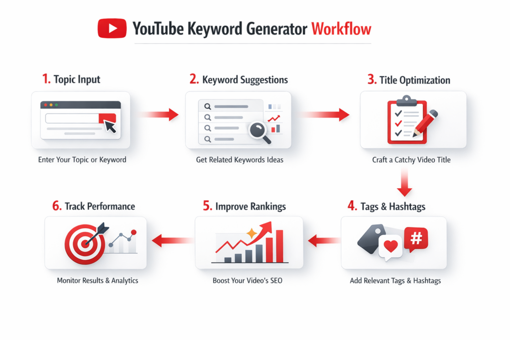 Best YouTube Keyword Generator Guide for 2026 3 YouTube Keyword Generator infographic showing SEO workflow