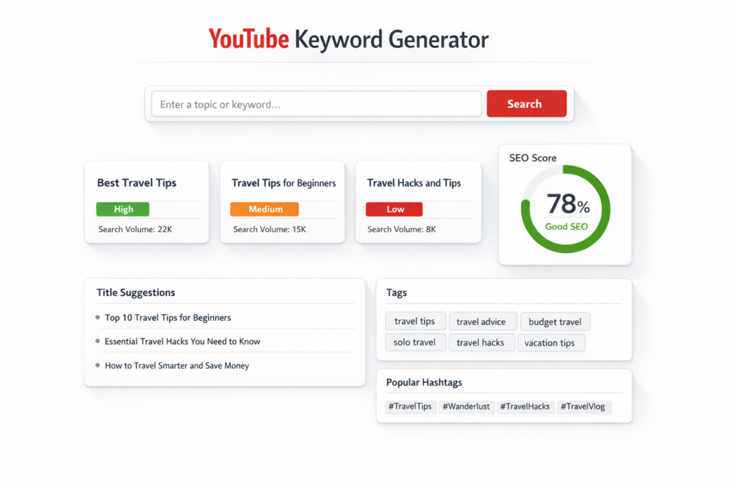 Best YouTube Keyword Generator Guide for 2026 4 YouTube Keyword Generator tool with keyword suggestions and SEO score
