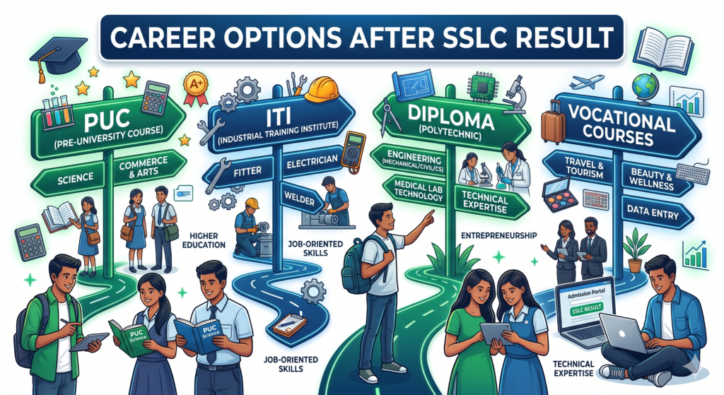 SSLC Result Online guideಗಾಗಿ ವಿದ್ಯಾರ್ಥಿ ಮತ್ತು exam result screen ಇರುವ ಚಿತ್ರ