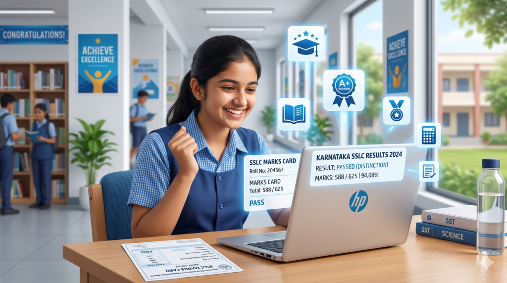 SSLC Result 2026 ಫಲಿತಾಂಶವನ್ನು ಲ್ಯಾಪ್‌ಟಾಪ್‌ನಲ್ಲಿ ಪರಿಶೀಲಿಸುತ್ತಿರುವ ಭಾರತೀಯ ವಿದ್ಯಾರ್ಥಿ