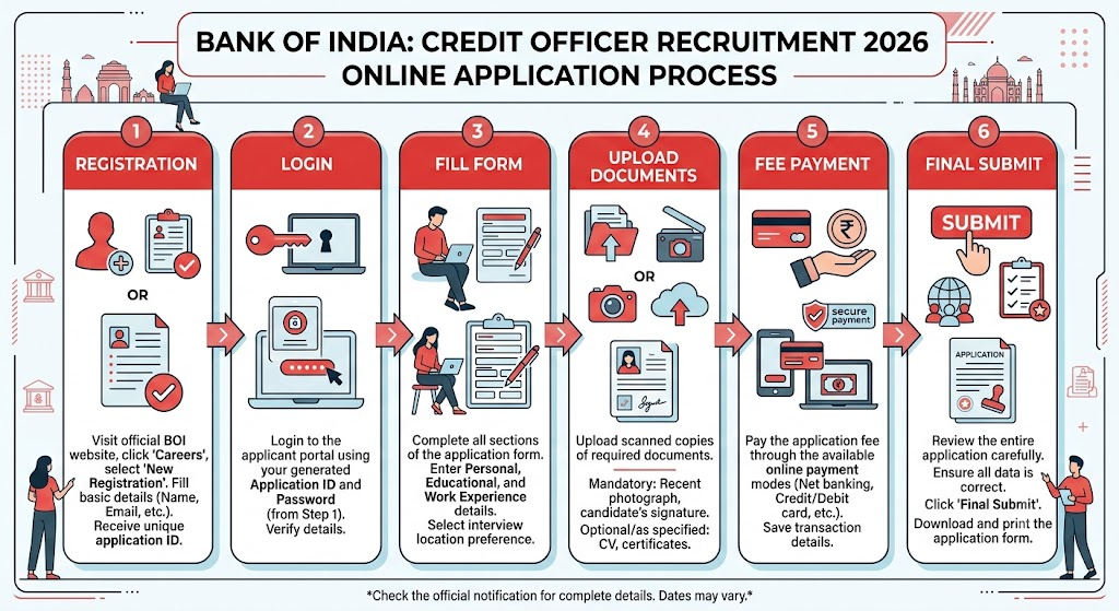 Infographic showing the Bank of India Credit Officer Recruitment 2026 online application process step by step.