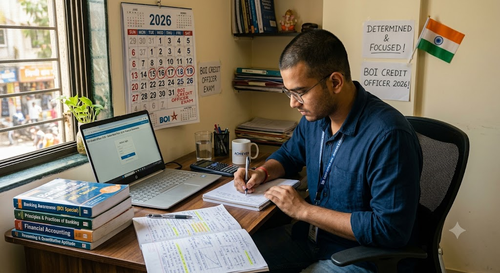 Student preparing for Bank of India Credit Officer Recruitment 2026 exam with banking books, laptop and study materials.