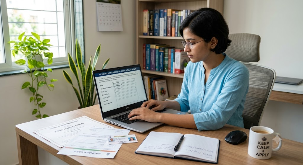 BVFCL Apprentice Recruitment 2026 | 38 ಹುದ್ದೆಗಳ ನೇಮಕಾತಿ 3 Student applying online for BVFCL Apprentice Recruitment 2026 using laptop