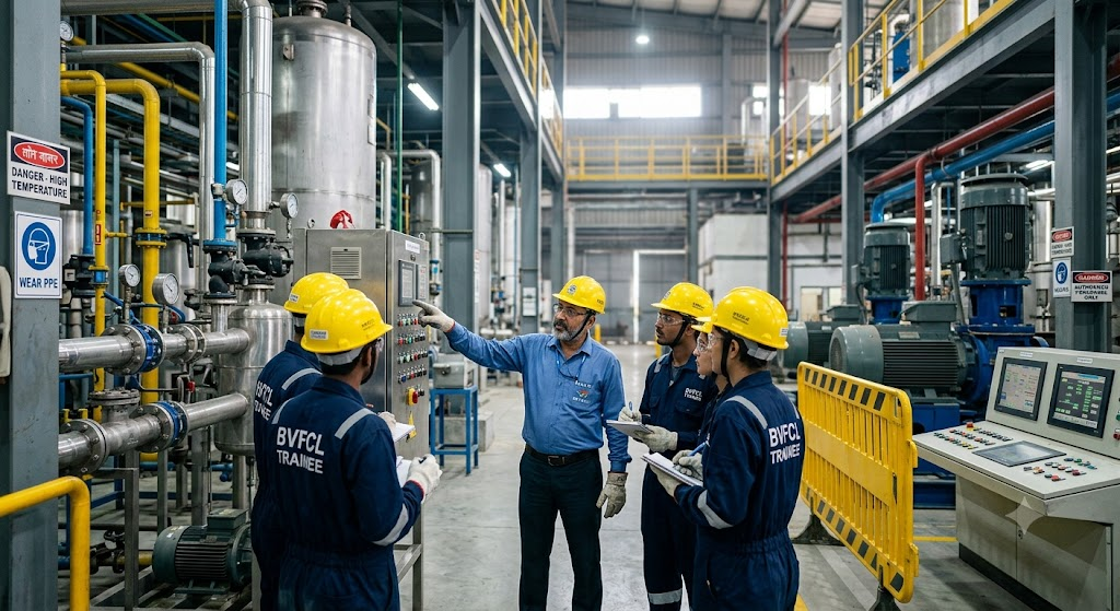 BVFCL Apprentice Recruitment 2026 | 38 ಹುದ್ದೆಗಳ ನೇಮಕಾತಿ 5 Engineering apprentices receiving industrial training at a fertilizer manufacturing plant
