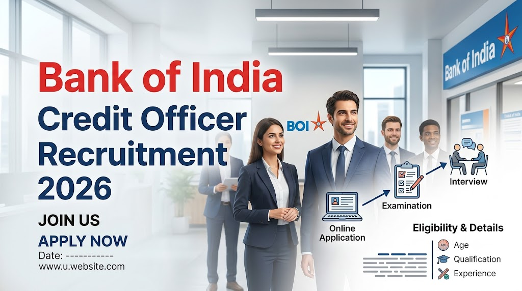 Professional recruitment banner for Bank of India Credit Officer Recruitment 2026 highlighting government bank jobs and online application.